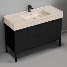Modern Black Bathroom Vanity, 48 inch, Travertine Style Sink, Free Standing